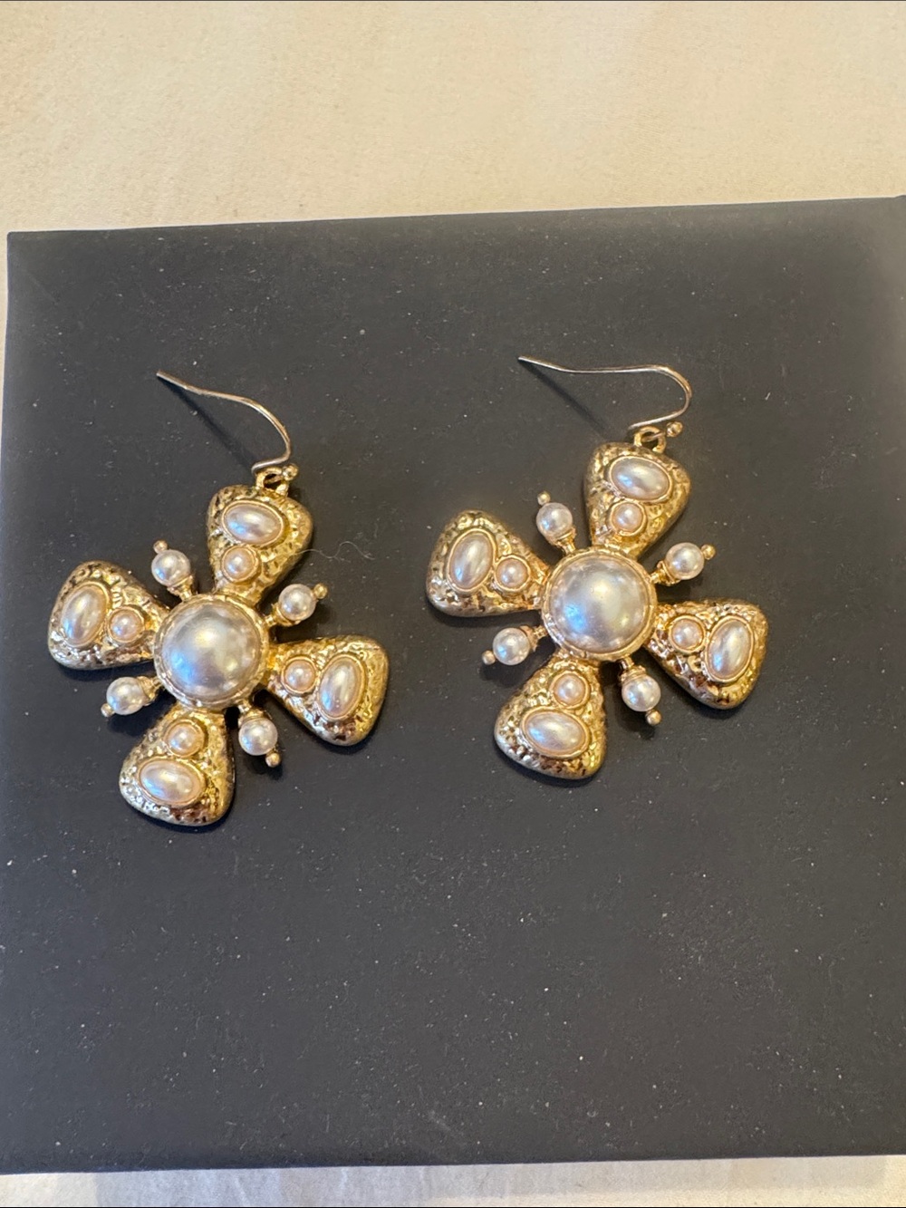 Gold Pearl Cross Drop Earrings - Elegant Women's Jewelry
